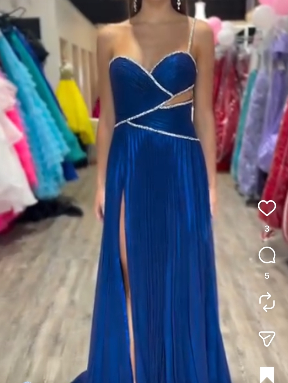 Jovani Sapphire Blue Pleated Prom Gown with Crystal Accents